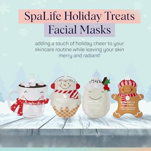 SpaLife Holiday Treats Facial Masks 12-Pack Assorted - Festive Christmas Skincare for Hydration and Refreshment - Gingerbread, Sundae, Cocoa & Eggnog