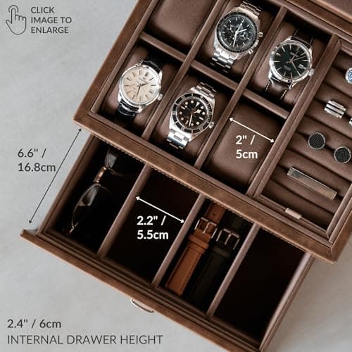 TAWBURY 6 Slot Watch Box for Men - Luxury Watch Jewelry Box for Men with Storage for Sunglasses, Cufflinks | Men's Jewelry Box with Watch Storage | Watch Display Case (Brown)