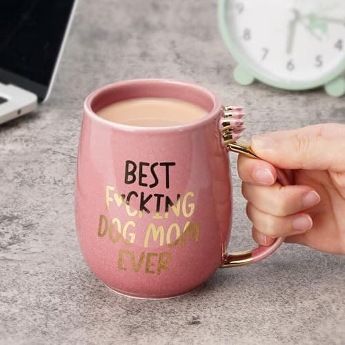 Hendson Dog Mom Gifts - Best Dog Mom Ever - Funny Birthday Gift For Dog Lovers Women - Gag Gifts for New Puppy Fur Baby Owners - Fur Mama Presents, Pitpull Pug - Coffee Cup, 13oz Pink Amethyst Series