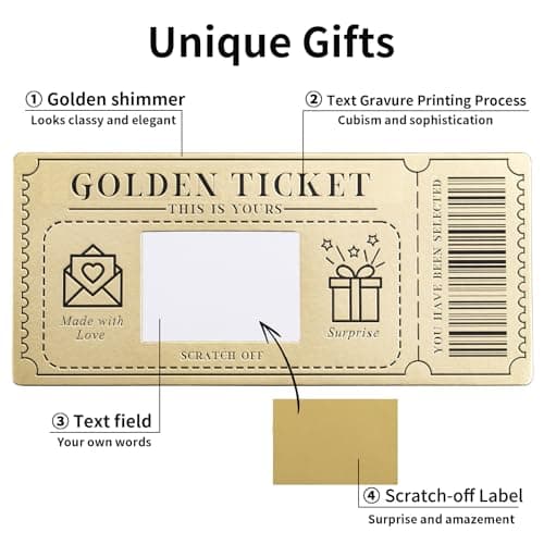 6 Pieces Golden Ticket Scratch-off Cards with Envelopes, Scratch & Reveal Surprise Ticket for Writing Your Own Special for Birthday, Girlfriends, Wives, Valentine's Day Card, Christmas Gift Card