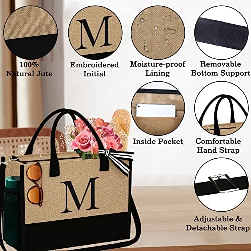 YOOLIFE Personalized Gifts for Women - Initial Jute Tote Bag & Makeup Bag, Birthday Gifts for Women Mom Wife Teacher Friend
