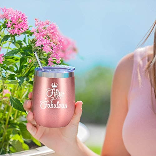 NewEleven 50th Birthday Gifts For Women, Her - 1975 50th Birthday Decorations - Gift For Women Turning 50-50 Year Old Gifts For Her, Mom, Wife, Friends - 12 Oz Wine Tumbler