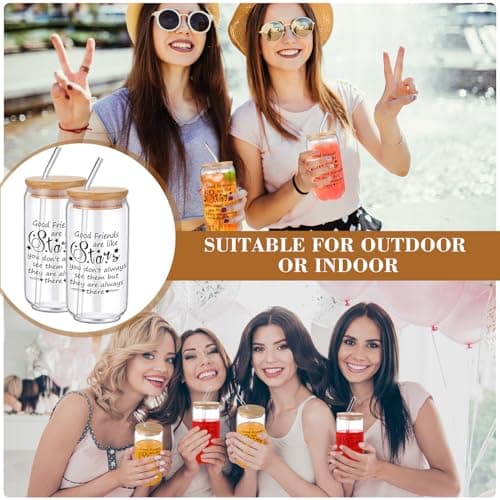 6 Set Friendship Gifts for Women,16 oz Galentines Day Glass Cup Friendship Gift Ideas Best Friend Birthday Gift Friendsgiving Wine Glasses Bulk Ice Coffee Cup for Friend Group(Friends Are Like Stars)