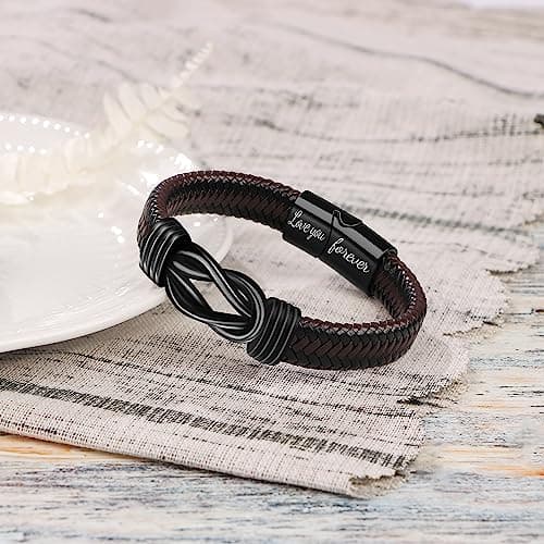 Gift for Men Infinity Bracelet for Men Dad Husband Boyfriend Son Grandson Brother Nephew Uncle Brown Braided Leather Forever Linked Together Stainless Steel Engraved with Love You Forever Jewelry 7.5|8.5|9 Inches
