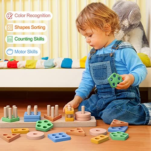 PEBIRA Montessori Toys for 1 2 Year Old, Wooden Sorting and Stacking Toys for Toddlers, Baby Shape Sorter and Color Stacker Blocks for Toddler, Preschool Learning Toy, Gift for 12-18 Month Boys Girls