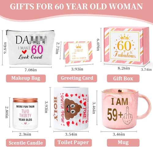 60th Birthday Gifts for Women Funny 60 Year Old Birthday Gifts for Women Turning 60 Gift for Woman 60th Bday Decorations for Woman Mom Her - Coffee Mug Card Makeup Bag Toilet Paper