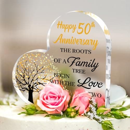 50th Anniversary Wedding Gifts for Couple Parents, Acrylic Heart Cake Topper Decorations, 50 Year Anniversary Presents Gifts Idea for Her Him