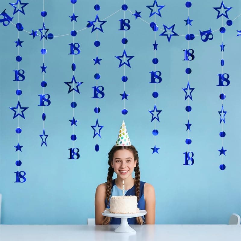 Blue 18th Birthday Garland Blue 18 Circle Dot Twinkle Star Streamer Happy Birthday Hanging Bunting Banner Backdrop for Boys Time to Adult 18 Years Old Party Decorations 30 Feet