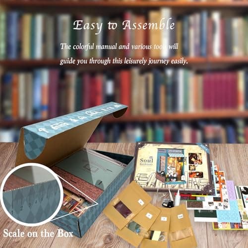 DIY Book Nook Kit with Music Box, Wooden 3D Puzzle Dollhouse with LED, Miniature House Kit Bookends for Adult and Teen, Bookshelf Decor, Creative Gift for Friends and Family. Soul Bookstore