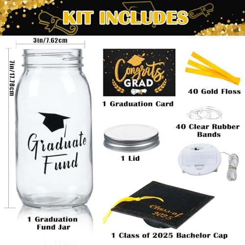 2025 Graduation Gifts for Her/Him- Lighted Graduation Mason Jar Filled with Money & Class of 2025 Cap Kit,Graduation Decorations Class of 2025 Graduation Centerpieces, Money Gift Ideas for Boys Girls
