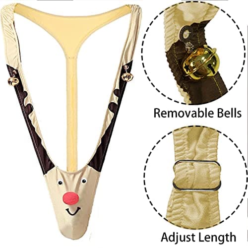 Christmas Gag Gift Funny Underwear Mens Reindeer Halloween Costume Mankini Thong w/Bells, Naughty White Elephant Gifts for Adults, Dirty Secret Santa Gifts for Men Him, Prank Stocking Stuffers for Men