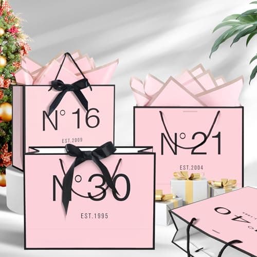 18th Birthday Gift Bag with Card Envelope Sticker Bow Ribbon and Tissue papers for Women Girls N°18 EST.2007 Design with Handles,for Celebrating 2007 18th Birthday Anniversary 13" (EST.2007 18th)