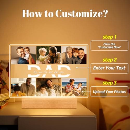Personalized Gifts for Dad from Daughter Son, Custom Picture Frames with Photos, Customized Photo Frame with Night Light, Personalized Dad Gifts for Birthday Fathers Day Christmas