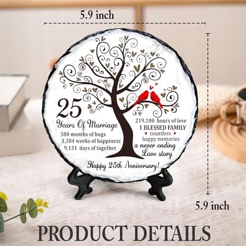 25th Wedding Anniversary Slate Sign – Silver Anniversary Wedding Gifts for Parents, Grandparents or Couple – Elegant 5.9 Inches Plaque – 25 Years of Marriage Celebration Decoration