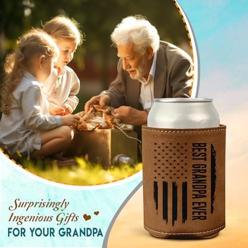 Best Grandpa Ever Gifts - Christmas, Birthday Gift For Grandpa From Granddaughter, Grandson, Kids - 12Oz Fit Collapsible Leather Beer Can Cooler Holder