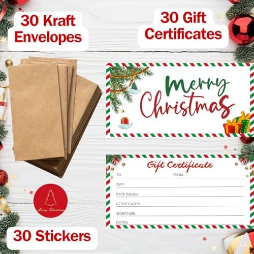 30 Pack Gift Certificates for Business with 30 Kraft Envelopes 30 Stickers for Holiday Christmas Small Business Restaurants Spa Beauty Makeup Hair Salon