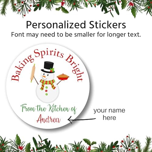 Personalized Christmas Gift Stickers for Baked Goods | Sheet of 20 2" or 12 2.5" Circle Labels | Holiday Cookies and Treat Labels Customizable (Baking Spirits Bright 1)