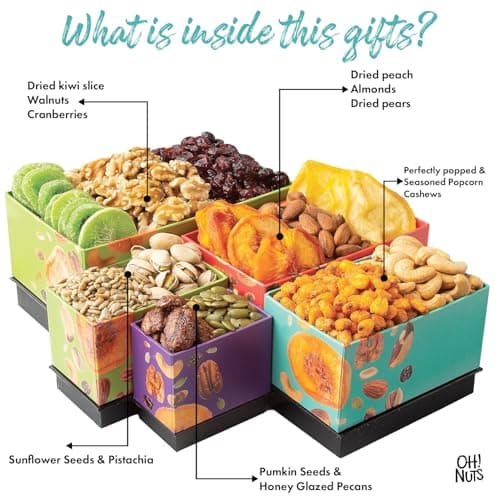 Oh! Nuts Dried Fruit and Nuts Gift Basket Tower with Black Ribbon Gift Basket, 5 Tier Gourmet Arrangement Platter, Healthy Kosher Snack Box for Birthday, Anniversary