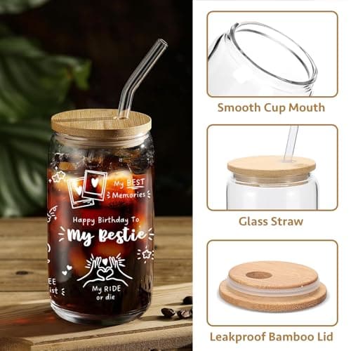 Best Friend Birthday Gifts for Women Friendship - Happy Birthday to My Bestie Glass Cups with Lids and Straws, Funny Presents for Bff Friends Coworkers Unique, Cute Iced Coffee Cup, 16 oz