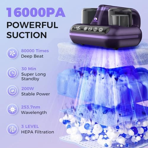 Mattress Vacuum Cleaner - 5-in-1 Cordless Bed Vacuum Cleaner, Powered by UV-C Light & Ultrasonic Technology, 16Kpa Strong Suction,Low Noise,Suitable for Dust, Pet Hair, Etc - Purple