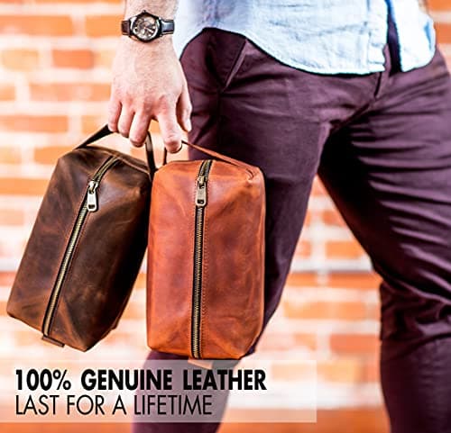 Mens Waterproof Toiletry Bag – Crafted in USA – Ideal Gift for Husband, Dad, Groomsmen, Boyfriend & Friend – Genuine Leather Toiletry Bag Customized Name or Initials – Personalized Travel Bag for Men