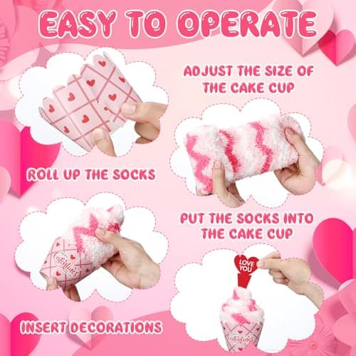 Ramede 12 Set Valentine's Day Cupcake Socks for Women Pink Fuzzy Fluffy Socks Galentine's Day Present for DIY Valentines Birthday Friendship Gift