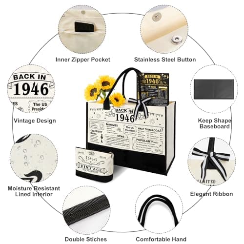 YeohJoy 80th Birthday Gifts for Women Canvas Tote Bag Travel Gear, Unique 80 Years Old Birthday Gifts for Mom Wife Aunt Friends Her, Vintage 1945 Handbag & Cosmetic Bag & Back in 1945 Poster