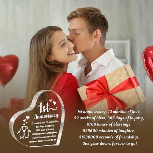 1 Year Anniversary Wedding Gifts for Boyfriend Girlfriend, One Year 1st Anniversary Romantic Gifts for Him Her, Heart Shaped Acrylic Block for Couple Husband Wife, Penguin Keepsake
