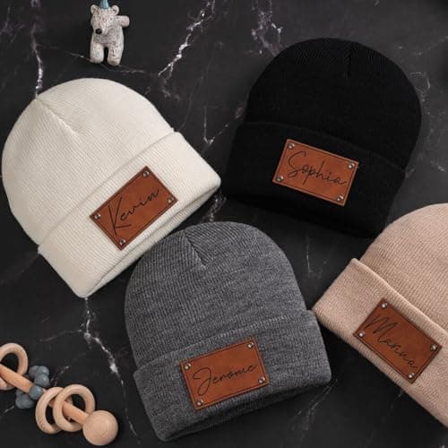 Custom Toddler Baby Beanies, Mama Mini Matching Hats, Leather Patch Baby Knit Hats, Winter Beanies for Infant, Kids Adults