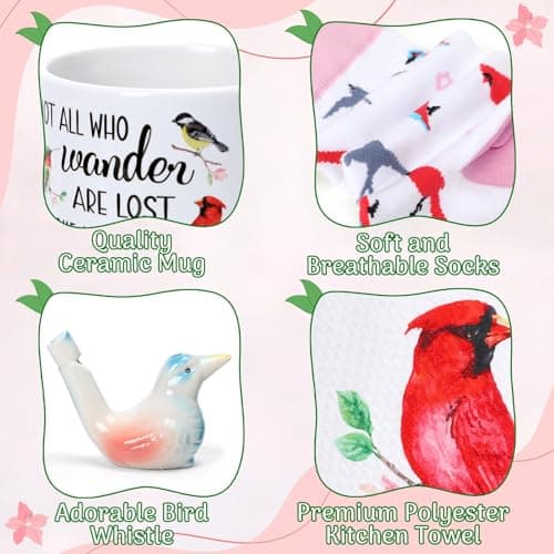 Nefelibata Bird Gifts for Women: 4-in-1 Birds Mug, Socks, Water Whistle, Kitchen Towel - Cardinal, Hummingbird, Kingfisher Birds on Branch