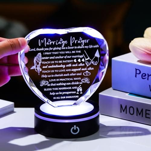 YWHL Wedding Gifts for Couples Crystal Heart Anniversary Marriage Prayer Plaque with Colorful LED Base Wedding Gift with Inspiring Quotes, Unique Newlywed Gifts Mr and Mrs Gifts Bridal Shower Gifts