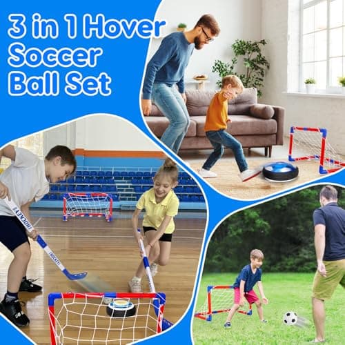3 in 1 Hover Soccer Ball Toddler Hockey Set with LED Lights Indoor Toys for Kids Soccer Gift for Boys 6-8 8-12 Kids Sports Soccer Games 3 4 5 6 7 8 Year Old Boy Age 4-8 Birthday Gift