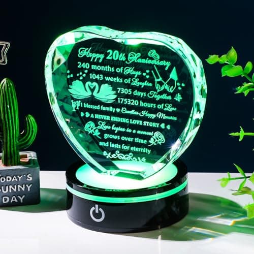 YWHL 20th Anniversary Crystal Heart Gifts for Wife Husband, Laser Engraved Romantic 20 Year Wedding Anniversary Crystal Keepsake Gifts for Her Him, 20 Years of Marriage Gift for Couples Friends