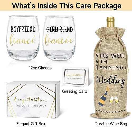Engagement Gifts for Couples, Boyfriend and Girlfriend Wine Glass Engaged Gift Set with Wine Bag, Fiance Fiancee Gift for Him and Her Bride and Groom, Wedding Bridal Shower Gifts for Newlywed