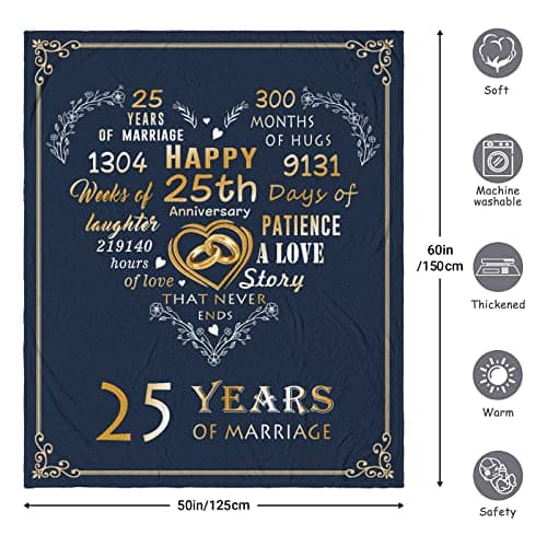 Mosslink Gifts for 25th Anniversary Blanket, 25th Silver Wedding Anniversary Couple Gifts for Dad Mom Parents Friends, 25 Years of Marriage Throw Blankets for Husband Wife Her Him 50"x60"