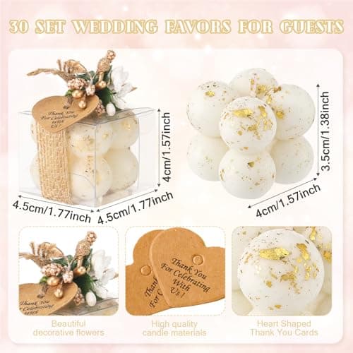 MTLEE 30 Sets Mini Bubble Candles Wedding Favors Gifts for Guests 1.57" x 1.38" Bubble Candles with Cards Dried Flowers DIY Gift Set for Baptism Party Bridal Shower Thank You Gifts (Gold Foil)