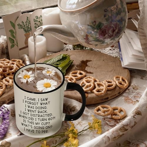 Shqiueos Funny 60th Birthday Gifts for Women Men Mug 11oz, Gag 60 Year Old Birthday Gifts for Her Him, 60th Bday Gift Idea for Mom Dad Sister Best Friends, 1965 Birthday Decorations Coffee Cup