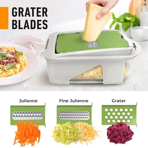 Mueller Pro-Series All-in-One, 12 Blade Mandoline Slicer for Kitchen, Food Chopper, Cucumber Slicer and Spiralizer, Cutter, Dicer, Grater, Gifts for Mom, Kitchen Essentials, White Sand/Green