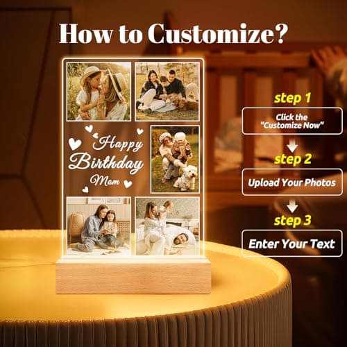 Personalized Birthday Gifts for Mom from Daughter Son, Custom Collage Picture Frames with Photo, Customized Photo Frame with Night Light, Personalized Christmas Photo Gifts for Mom Baby Kids Family