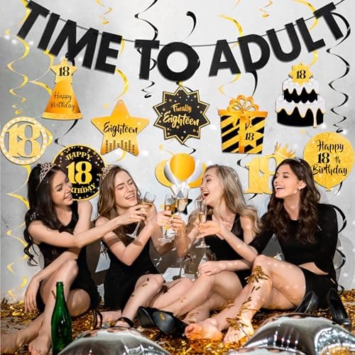 Black&Gold 18th Birthday Decorations for Boys Girls Happy 18th Birthday Decorations for Men Women Pre-Strung Time to Adult Banner and Hanging Swirls 18 Years Old Party Supplies