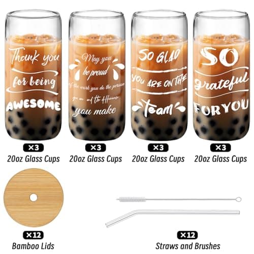 12 Set Employee Appreciation Gifts, Inspirational Thank You Gift for Team, Teacher, Nurse, Coworkers, Employees, Staff - Employee Christmas Gifts, 20oz Glass Cups with Lids and Straws (Mixed)