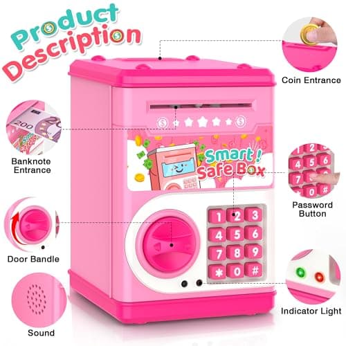 Pink Piggy Bank for Kids with Password Code Lock and Auto Grab Bill Slot, PhilaeEC Real Money Cash Coin Can Saving Box Electronic Money Safe Bank, Hot Gift for 4 7 8 9 10 11 Year Old Boys Girls