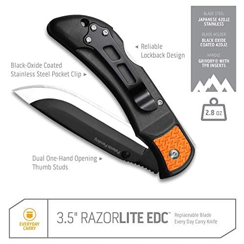 OUTDOOR EDGE OUTDOOR EDGE 3.5" RazorLite EDC Knife. Pocket Knife with Replaceable Blades and Clip. The Perfect Hunting Blade for Skinning Deer. Blaze Orange with 6 Blades