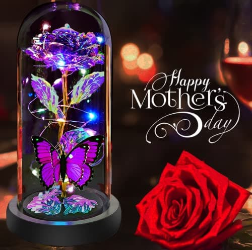 Christmas Rose Gifts for Women, Womens Gifts for Christmas Mom Sister Grandma Wife Her,Galaxy Crystal Light Up Rose Flower in A Glass Dome,Birthday Gifts for Women Butterfly Valentines Presents Purple