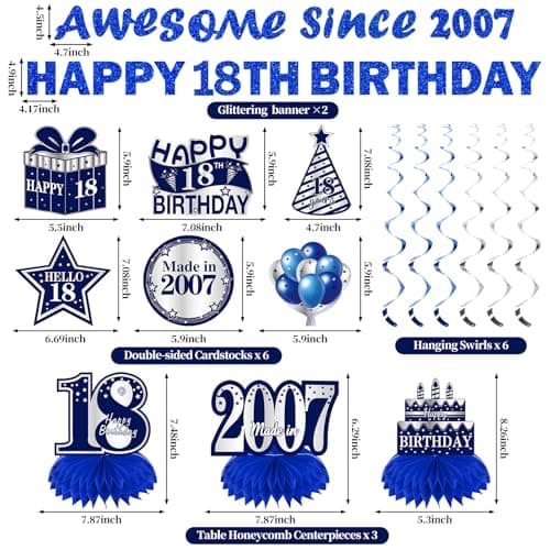 11Pcs 18th Birthday Decorations Kit for Boys Men, Blue Sliver Happy 18th Birthday Banner, Awesome Since 2007 Centerpieces Swirls Party Supplies, Eighteen Bday Banner Ceiling Table Topper Sign