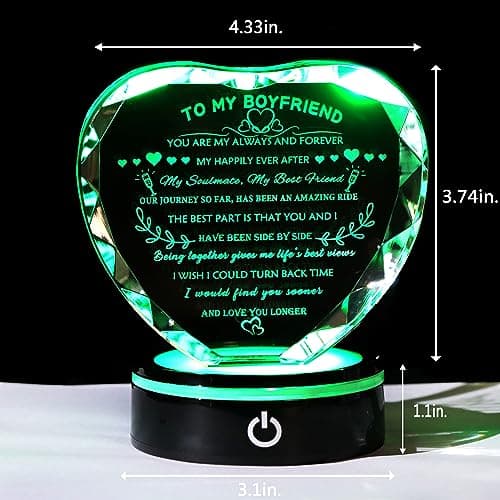 YWHL Gifts for Boyfriend with Colorful LED Base Unique Birthday Gift Ideas from Girlfriend Romantic Heart Crystal Keepsakes to My Anniversary Christmas Valentine Day Clear 4.33*3.74*.1.18