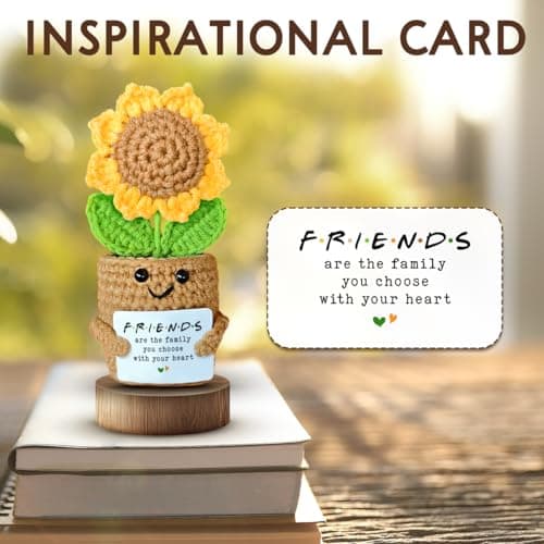 Mini Sunflower Crochet Gift with Card for Women Best Friend, Soul Sister, Long Distance Pal, Friends Are the Family You Choose, Cute Decor for Birthday, Christmas for Bestie, BFF, Coworker