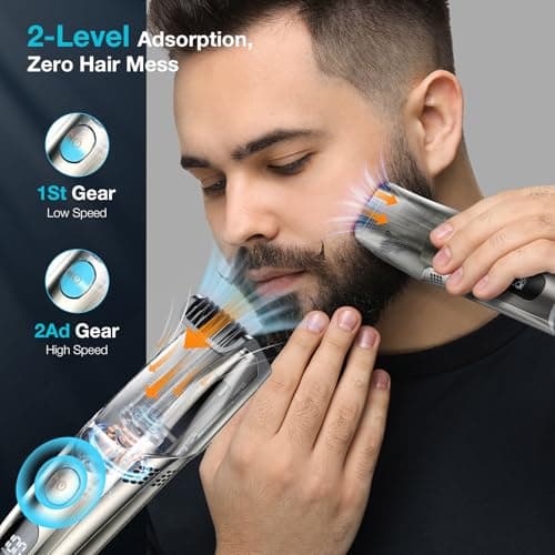 Vacuum Beard Trimmer for Men, New Version Adjustable Precision Trimming Length with 2 Comb, Electric Cordless Vacuum Trimmer for Beard, Waterproof and Rinses Easy, Blades for Skin fit