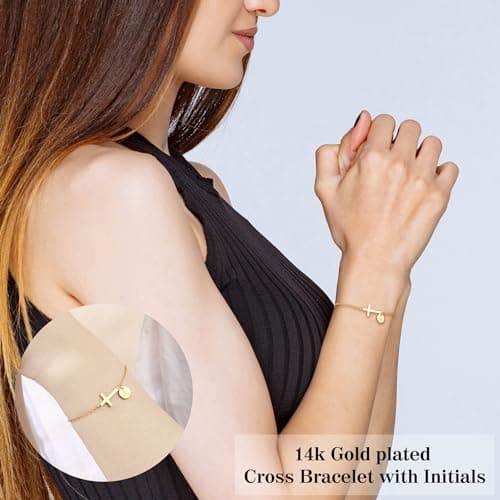 HiStock Sotcking Stuffers for Teens, Cross Bracelet for Women Dainty Cross Bracelet with Initials Link Chain Bracelets Christian Gifts for Women Teens Easter Baptism Religious Jewelry