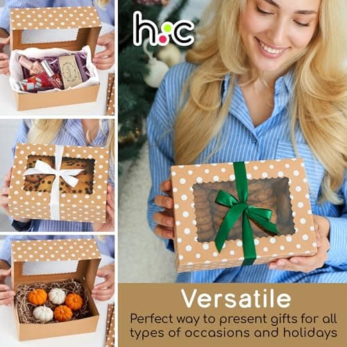 Brown Kraft Cookie Boxes with Ribbons & Window (20 Pack) 8.3 x 6 x 2.8” Food Grade Cardboard Bakery Gift Boxes for Christmas Gift Giving, Baked Goods, Candy Treats, Decorative Holiday Packaging, Empty